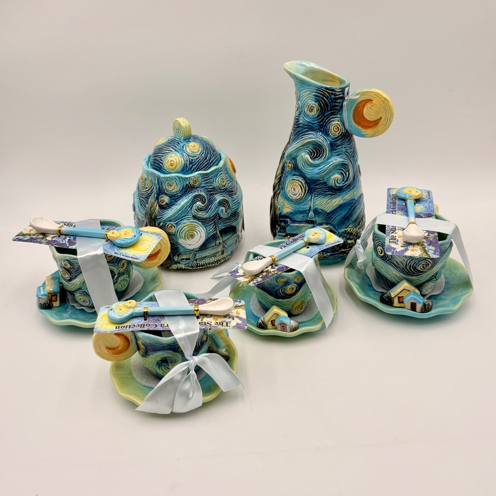 CornerRuby Starry Night Ceramic Tea Set 14pc Van Gogh Inspired 3D Relief Blue